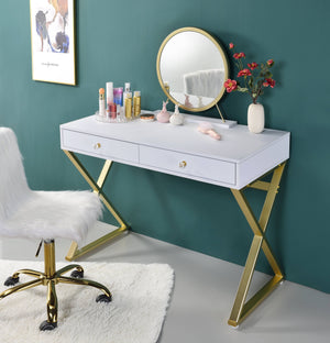 English Elm Coleen Elegant Walnut Vanity Desk with Mirror, Metal Frame, 2 Drawers & Jewelry Tray for Glam Makeup Gloss White,Gold 48.8 L x 23.25 W x 8 H B2726P315740