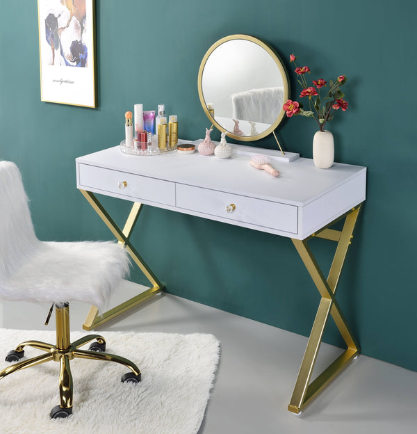 English Elm Coleen Elegant Walnut Vanity Desk with Mirror, Metal Frame, 2 Drawers & Jewelry Tray for Glam Makeup Gloss White,Gold 48.8 L x 23.25 W x 8 H B2726P315740