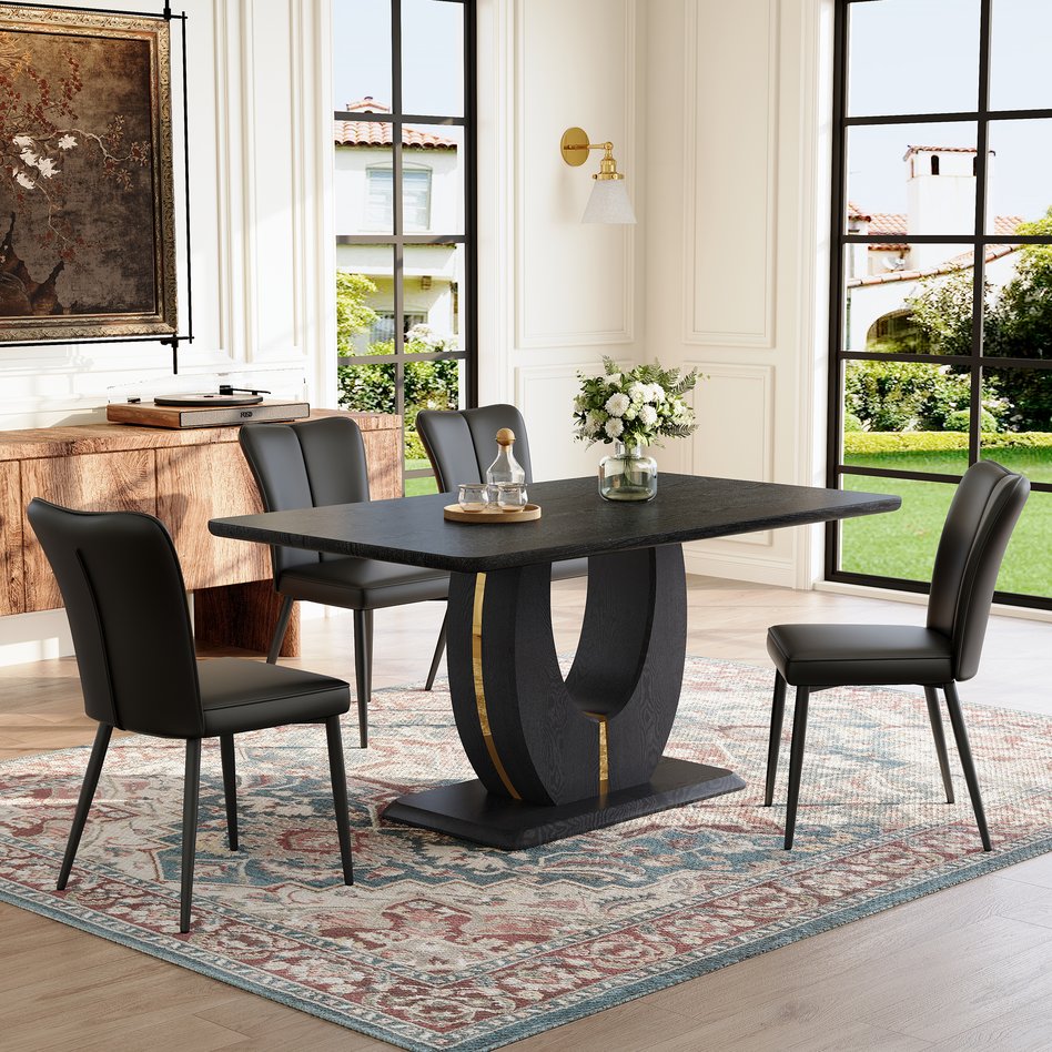 English Elm Black Wood Grain Mdf Dining Table Set Seats 4 with Striped Pu Leather Chairs W1151S04427