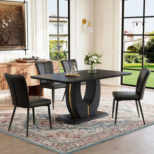 English Elm Black Wood Grain Mdf Dining Table Set Seats 4 with Striped Pu Leather Chairs W1151S04427