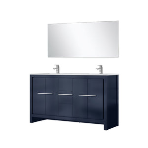 English Elm Navy Blue Double Bath Vanity With White Quartz Top, Chrome Faucet, 55 In. Mirror For Modern Style B2731S01721