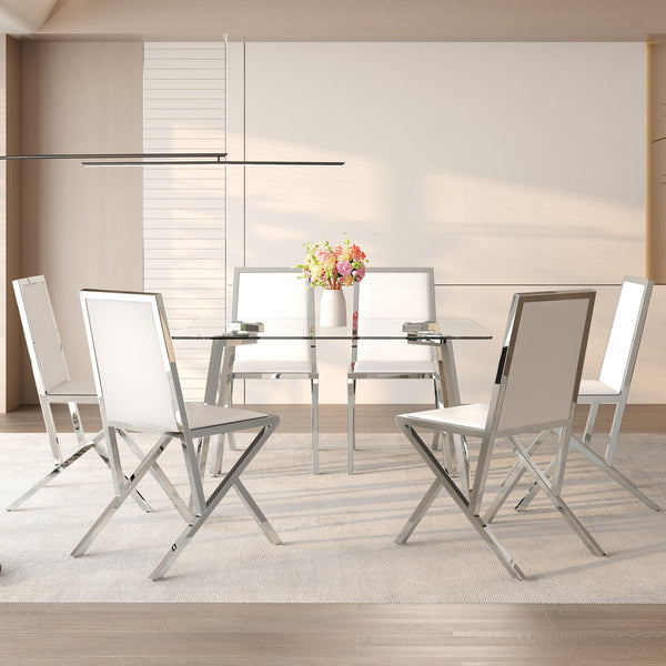 English Elm Table and Chair Set Round Walnut Mdf Top Six Seat Dining with Gold Accent Legs Transparent,White+Silver W1151S04789