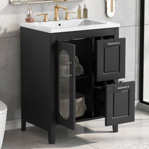 English Elm 24" Modern Bathroom Vanity with Ceramic Sink, Solid Wood & MDF Cabinet, Two Drawers, Shelf Black N725P245273B