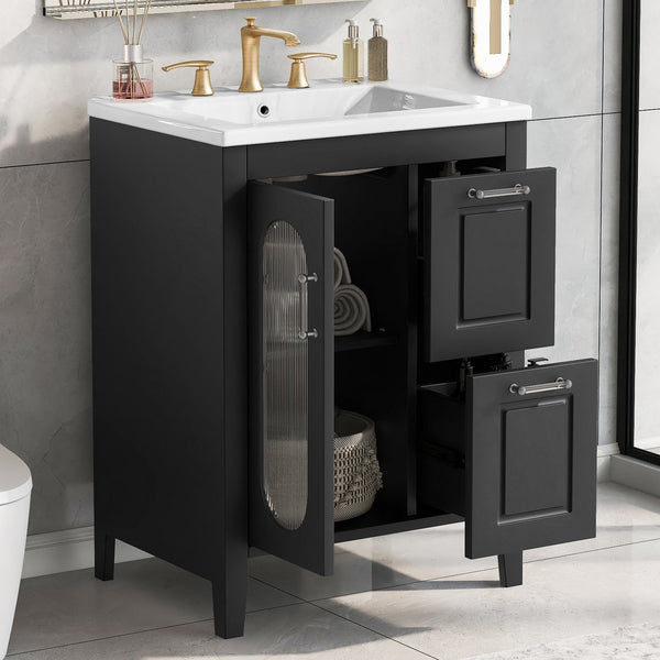 English Elm 24" Modern Bathroom Vanity with Ceramic Sink, Solid Wood & MDF Cabinet, Two Drawers, Shelf Black N725P245273B