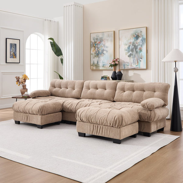English Elm U Shaped Modular Cloud Sectional Deep Seat Flannelette Sofa with Rounded Bolster Armrests Light Brown W2120S00038