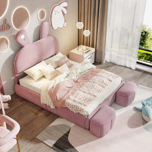 English Elm Full Pink Velvet Platform Bed Cartoon Ear Headboard Led Light Storage Stools N709P195300H-1