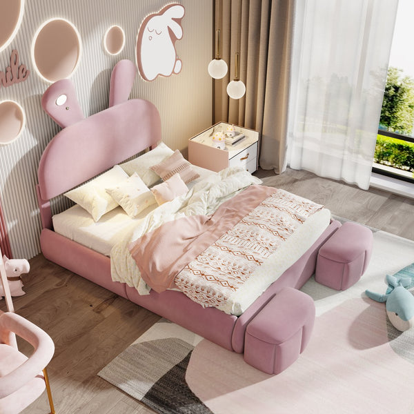 English Elm Full Pink Velvet Platform Bed Cartoon Ear Headboard Led Light Storage Stools N709P195300H-1