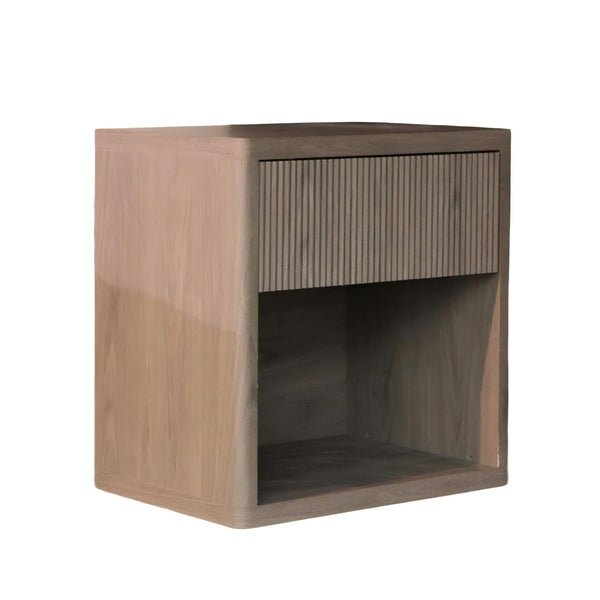 English Elm Night Stand Large Modern Fluted Nightstand with Drawer and Open Shelf Curved Mid‑Century Design Durable Finish Ash Brown W3417P388719