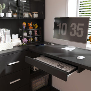 English Elm Computer Corner L-Shaped Desk with Glass Cabinets, Built-In LED, USB Ports, Keyboard Tray, Ergonomic Design Black W2699P345804