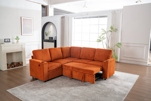 English Elm Sectional Corduroy Sleeper Sofa with Storage and Charging Ports for Small Spaces Orange W1361S00076