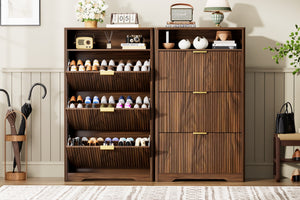 English Elm Shoe Cabinet Slim Entryway Organizer with Flip Compartments Wave Front and Gold Hardware Walnut W1162P384347