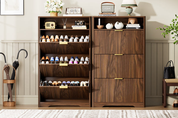 English Elm Shoe Cabinet Slim Entryway Organizer with Flip Compartments Wave Front and Gold Hardware Walnut W1162P384347