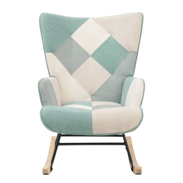 English Elm Rocking Chair With Ottoman - Cozy Mid-Century Patchwork Linen Rocker For Living Room & Bedroom Comfort W561P175990-GIGA