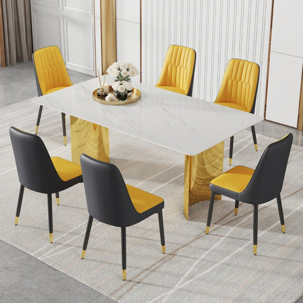 English Elm Table Set With Glass Marble Top & 6 Orange/Dark Gray Pu Chairs – Chic Dining Experience Awaits! W1151S04359-GIGA