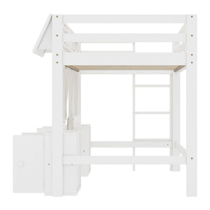 English Elm Twin Loft Bed Cottage-Style Playhouse with Built-In Bookshelf, Curtain & Storage, Safe Guardrails White W1580S00355