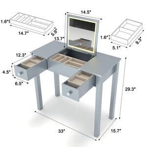 English Elm Multifunctional Vanity Desk with Flip-Top Mirror, 3-Level LED Lighting, Ample Storage for Small Spaces Grey W760P152317