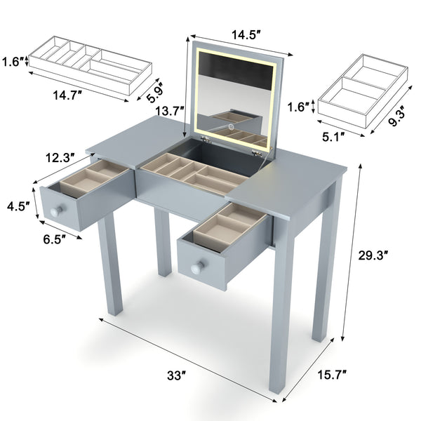 English Elm Multifunctional Vanity Desk with Flip-Top Mirror, 3-Level LED Lighting, Ample Storage for Small Spaces Grey W760P152317
