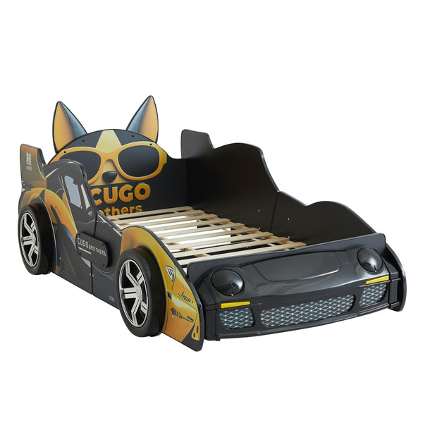 English Elm Cool Cartoon Car Bed with LED Headlights, Black & Yellow Racing Dog Design, Safe Rounded Rails, Sturdy MDF Frame for Kids W2237S00018