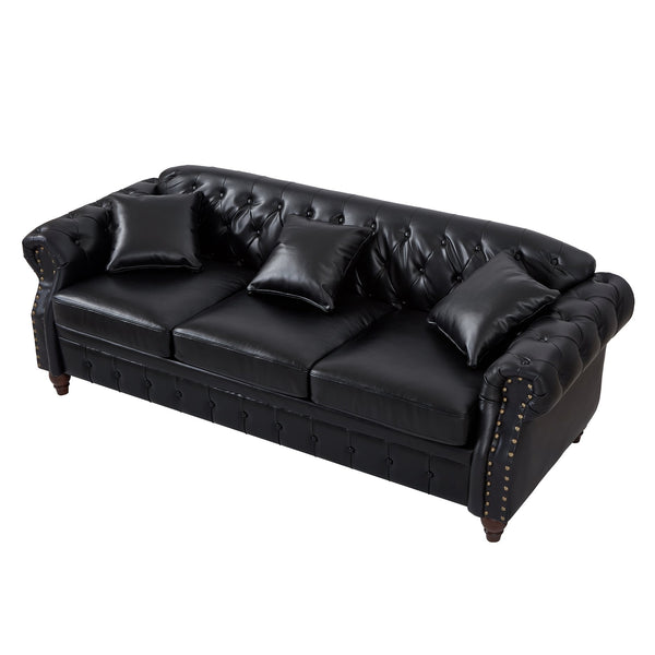 English Elm 85.8" Living Room Chesterfield Sofa with Storage Classic Tufted PU Upholstery Solid Wood Frame, 3-Seater Comfort Black W1097S00148