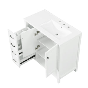 English Elm 36" Freestanding Bathroom Vanity Solid Wood Mdf Cabinet Ceramic Undermount Sink Open Shelf White N725P364203K