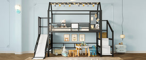 English Elm Twin House Loft Bed with Slide and Stairs, Metal Playhouse with Storage Shelves and Quiet Design Black W1580S00348