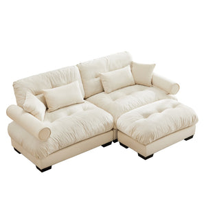 English Elm Over Size Modern Two-Seater Sofa With Ottoman - Luxurious Velvet, Bolster Armrests, Cream Comfort W714S01069-GIGA
