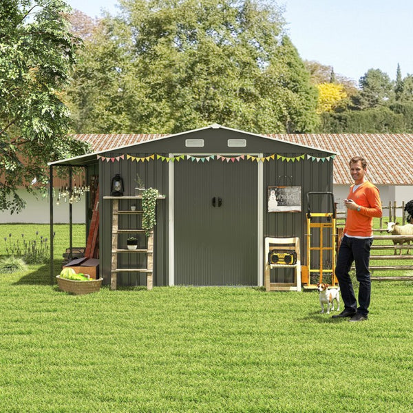 English Elm 10x12 Ft Galvanized Steel Outdoor Shed Dual Zone Lockable Sliding Doors Backyard Storage Dark Gray W1598S00034