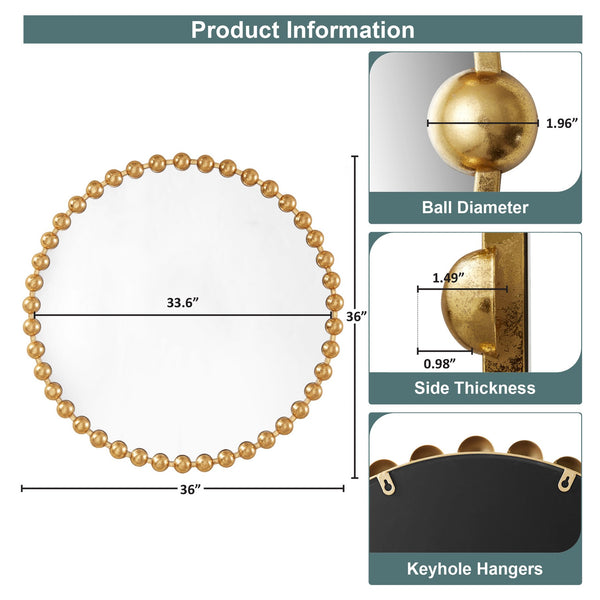 JLA Home Madison Park Signature - 36" Large Decorative Round Mirror with Beaded Metal Frame, Matte Finish, HD Glass, Statement Piece Gold MPS160-279