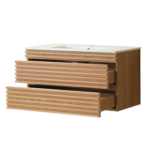 English Elm 36" Wall Mounted Floating Single Vanity Natural Walnut with Ceramic Sink, 2 Drawers, Fully Assembled Elegance W1826P308971