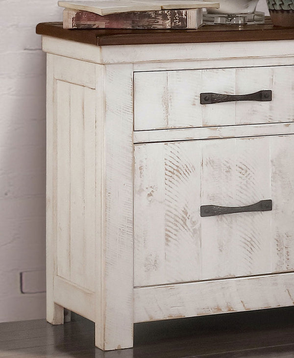 English Elm Plank Distressed White Transitional Nightstand 2-Drawer Solid Wood Bedside Table with Brass Arch Pulls and Felt-Lined French Dovetail Drawers B011P378480