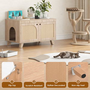 English Elm Flip Top Hidden Cat Litter Box Enclosure with Rattan Doors, Flip-Top Access, Odor Control, Stylish Table Ready Natural T3623P354971