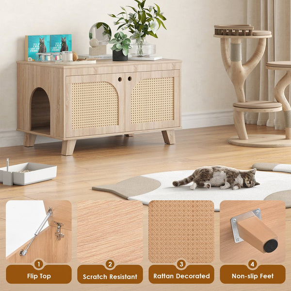 English Elm Flip Top Hidden Cat Litter Box Enclosure with Rattan Doors, Flip-Top Access, Odor Control, Stylish Table Ready Natural T3623P354971