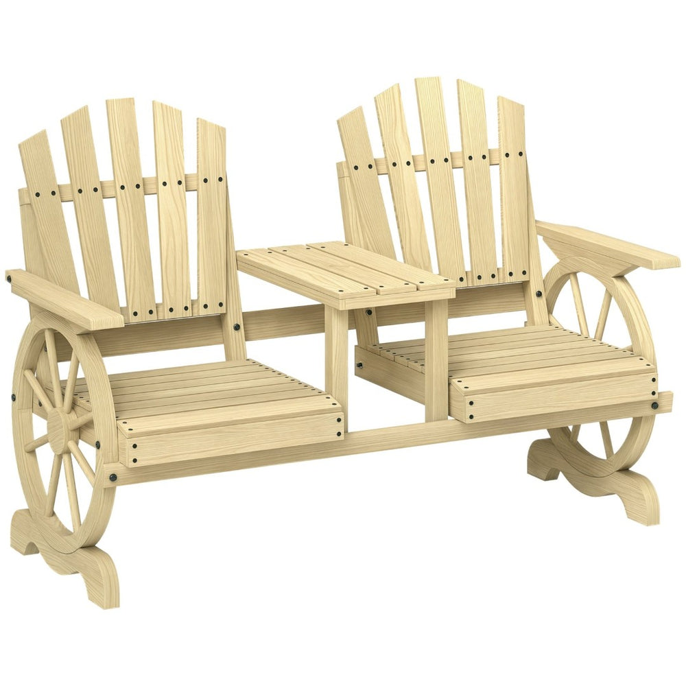 English Elm Outsunny Rustic Fir Wood 2 Seat Garden Bench with Wagon Wheel Legs and Center Table W2225P485566