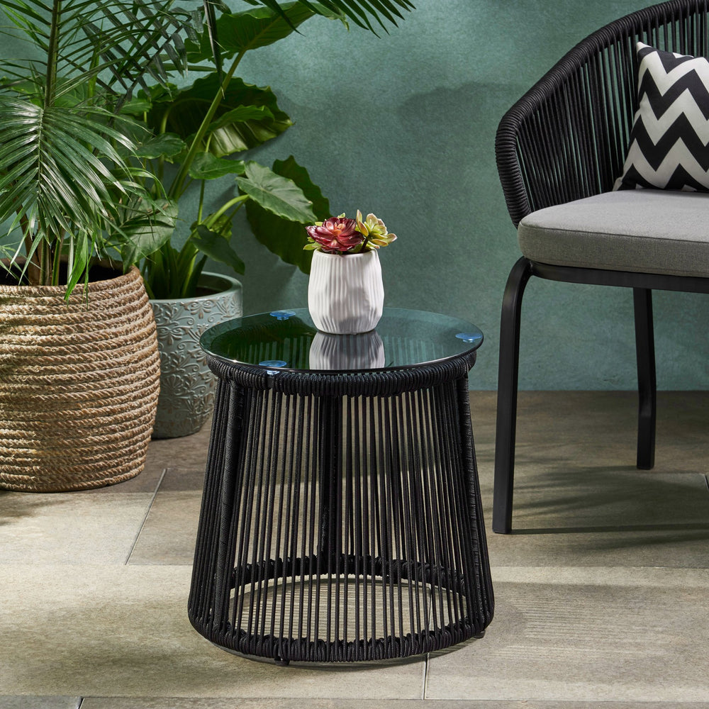 English Elm Christopher Knight Home® - MOONSTONE Modern Woven Rope Side Table with Tempered Glass Top, Black Iron Frame, Handcrafted Durable Chic 67842.00BLK