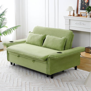 English Elm 65.74-inch convertible letter sofa bed with adjustable armrests, pull-out extension, cup holders, durable frame and plush sponge cushions Green W3371P311474