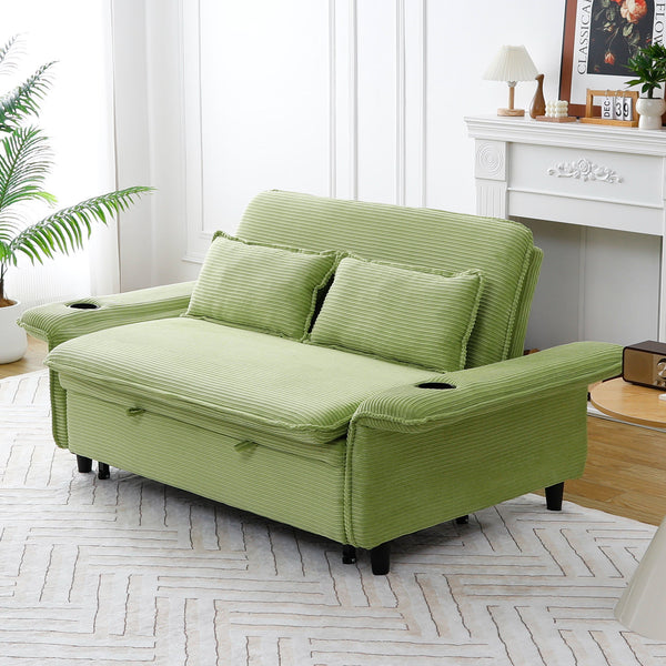 English Elm 65.74-inch convertible letter sofa bed with adjustable armrests, pull-out extension, cup holders, durable frame and plush sponge cushions Green W3371P311474