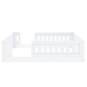 English Elm Wood Full Size Kids Platform Bed Solid Pine Guardrail Low Profile Safe Sleep Frame White N709P321458K