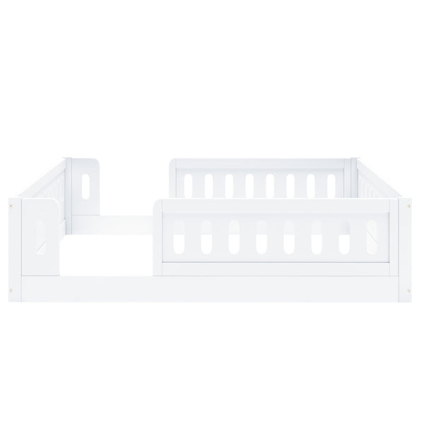 English Elm Wood Full Size Kids Platform Bed Solid Pine Guardrail Low Profile Safe Sleep Frame White N709P321458K