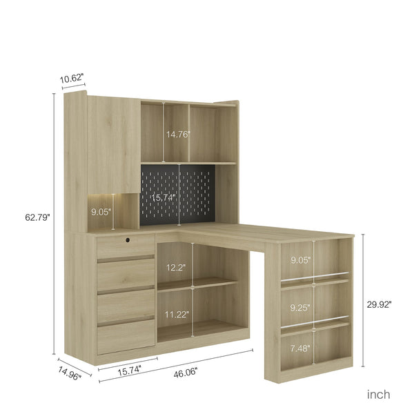 English Elm L Shaped Corner Desk with Led Lighting Charging Station Bookshelf Storage Home Office W1321S00029