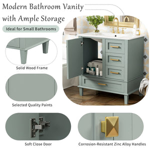English Elm 30" Modern Bathroom Vanity with Solid Wood Frame, 3 Soft-Close Drawers and Ceramic Sink, Sleek Design Sage Green N729P170557G