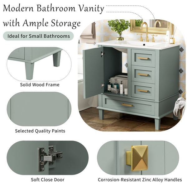 English Elm 30" Modern Bathroom Vanity with Solid Wood Frame, 3 Soft-Close Drawers and Ceramic Sink, Sleek Design Sage Green N729P170557G