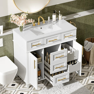 English Elm 36" White Bathroom Vanity Cabinet with Ceramic Sink, Gold Handles, Soft-Close Drawers & Adjustable Shelf N729P204177K