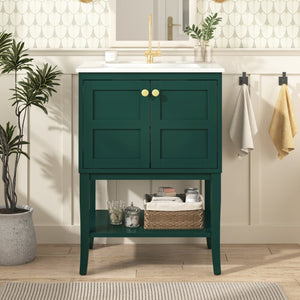 English Elm 24'' Retro Green Bathroom Vanity with Glossy Resin Basin, Solid Wood Feet, Soft-Close Doors, Ample Storage, Metal Handles (Modern) WF324870AAF