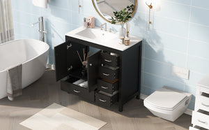 English Elm 36" Black Bathroom Vanity with Ceramic Sink, 2 Soft-Close Doors & 5 Drawers, Modern Storage Elegance N729P183735B