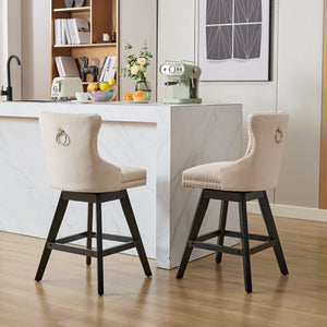 English Elm Swivel Velvet Barstools with Tufted Button Back, 360° Rotate, Plush Foam & Rubberwood Frame Beige W1143P241329