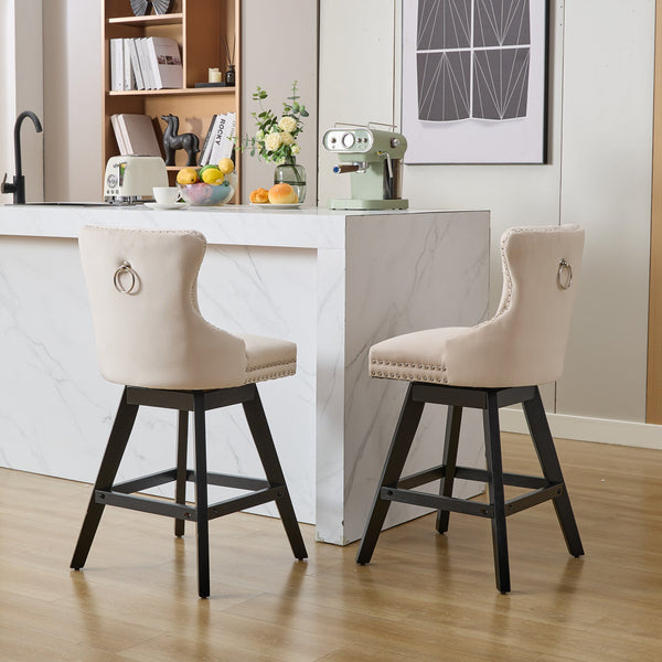 English Elm Swivel Velvet Barstool with Tufted Back, 360° Swivel, Plush Foam & Steel Spring Seat, Sturdy Wood Frame (Set of 2) Beige W1143P241329