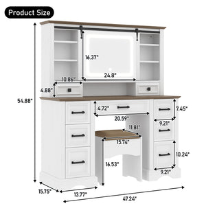 English Elm 47.2" Farmhouse Vanity Desk with Led Mirror Sliding Storage Stool 9 Drawers Oak White N704G202304A