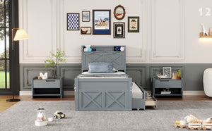 English Elm Twin Storage Bed with Headboard Outlets, Extendable Trundle & 3 Drawers, Durable MDF/Plywood Design Gray 45.5 L x 21.5 W x 8 H N733S172839E