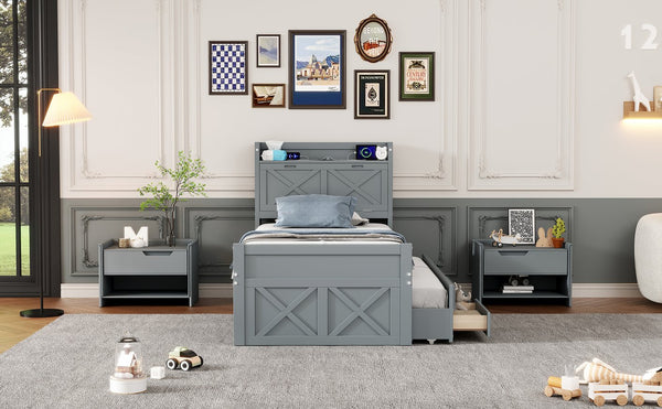 English Elm Twin Storage Bed with Headboard Outlets, Extendable Trundle & 3 Drawers, Durable MDF/Plywood Design Gray 45.5 L x 21.5 W x 8 H N733S172839E