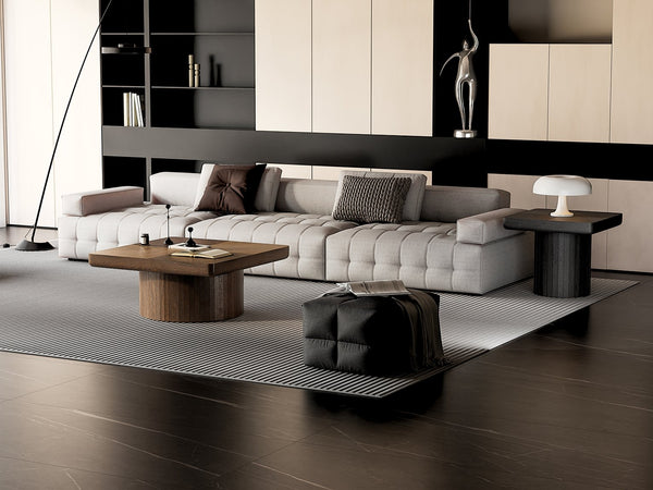 English Elm Modern Parquet Wood Nesting Coffee Tables Sculptural Fluted Pedestal Living Room Set Black + Dark Walnut W1435S00032